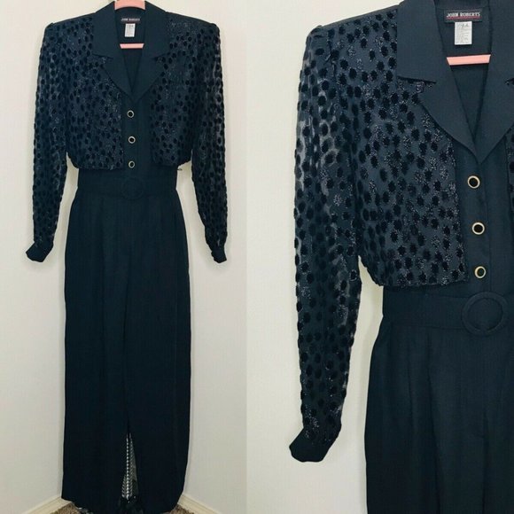 John Roberts Pants - Vintage John Roberts Womens Jumpsuit Size 10 Black Eyelet Pant Romper Power Suit